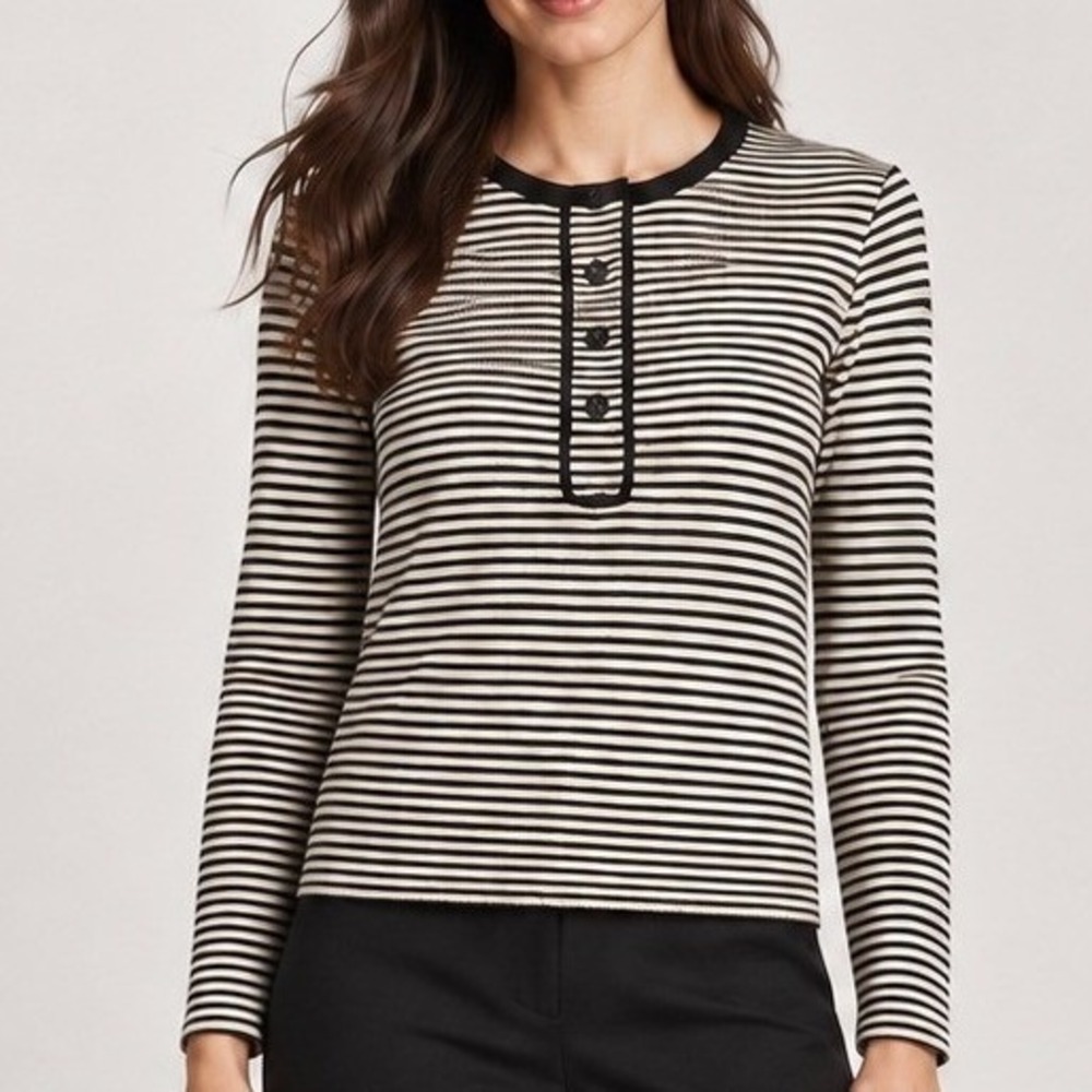 Banana Republic Women Striped Henley Top Size S Black White Long Sleeve Casual